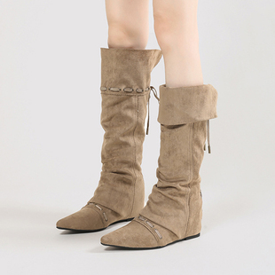 英伦瘦瘦靴尖头西部牛仔靴 靴女2025新款 羊皮 内增高绑带褶皱时装