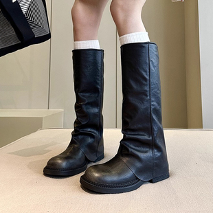 羊皮版~显瘦漫画腿褶皱长筒靴女复古美拉德川西甜辣妹时尚骑士靴