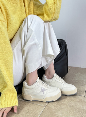 牛皮~增高6cm厚底白色脏脏鞋女系带德训鞋星星小白鞋运动休闲板鞋