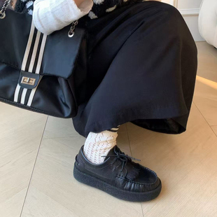 牛皮版~厚底复古流苏乐福鞋2026年春季圆头增高褶皱系带小皮鞋女