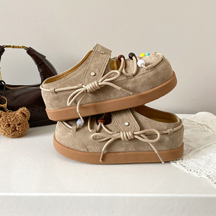 复古真皮6cm内增高勃肯鞋厚底休闲单鞋圆头交叉带懒人包头半拖鞋