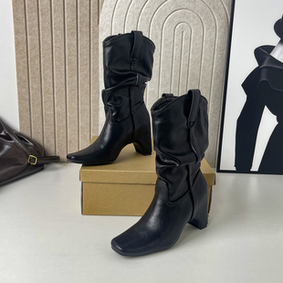 牛皮版 增高9.5cm褶皱堆堆靴女复古方头西部牛仔靴显瘦中筒靴 法式