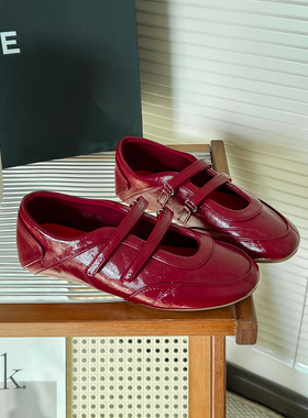 牛皮版~复古红色双带魔术贴玛丽珍鞋女晚晚风圆头浅口单鞋休闲鞋