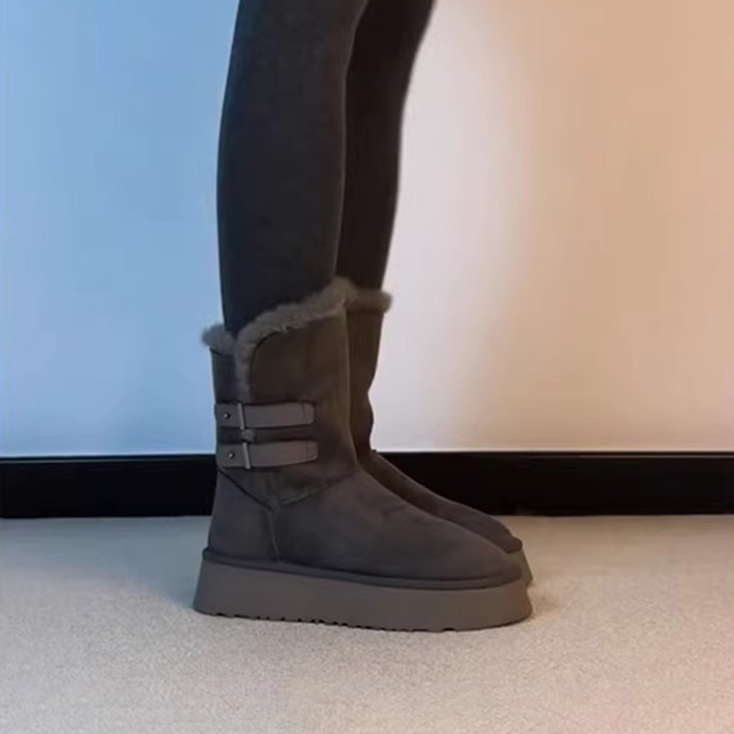 羊毛版~英伦厚底皮带扣雪地靴女冬季加绒保暖毛毛鞋圆头短靴棉靴,女鞋,时尚雪地靴,淘宝优惠券,粉丝福利购,淘宝优惠卷