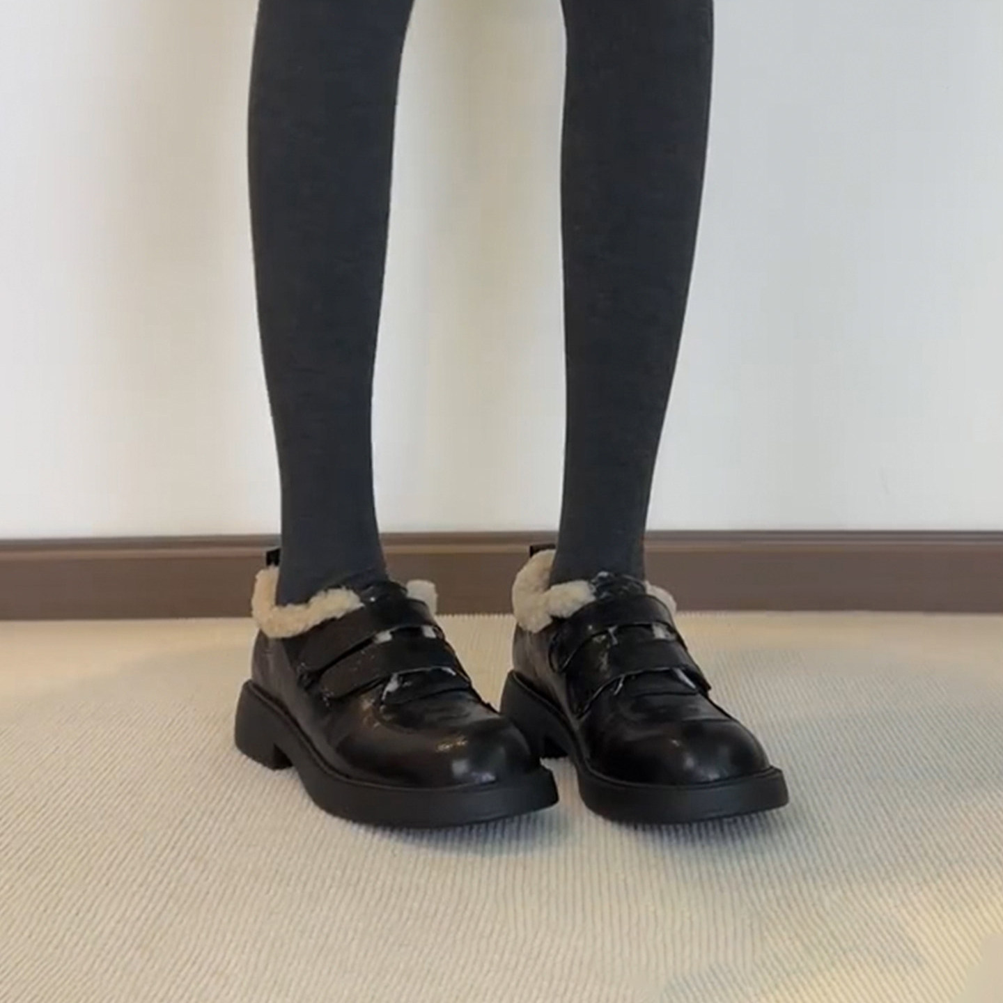 牛皮版~复古圆头粗跟魔术贴乐福鞋女秋冬保暖加绒棉鞋通勤小皮鞋,女鞋,乐福鞋（豆豆鞋）,淘宝优惠券,粉丝福利购,淘宝优惠卷