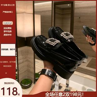 布灵布灵~5cm厚底乐福鞋女秋冬水钻方扣英伦风黑色小皮鞋粗跟单鞋