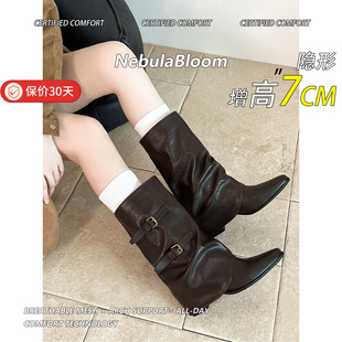 皮带扣褶皱显瘦高跟中筒短靴 管靴女秋冬新款 牛皮 欧美辣妹尖头裤