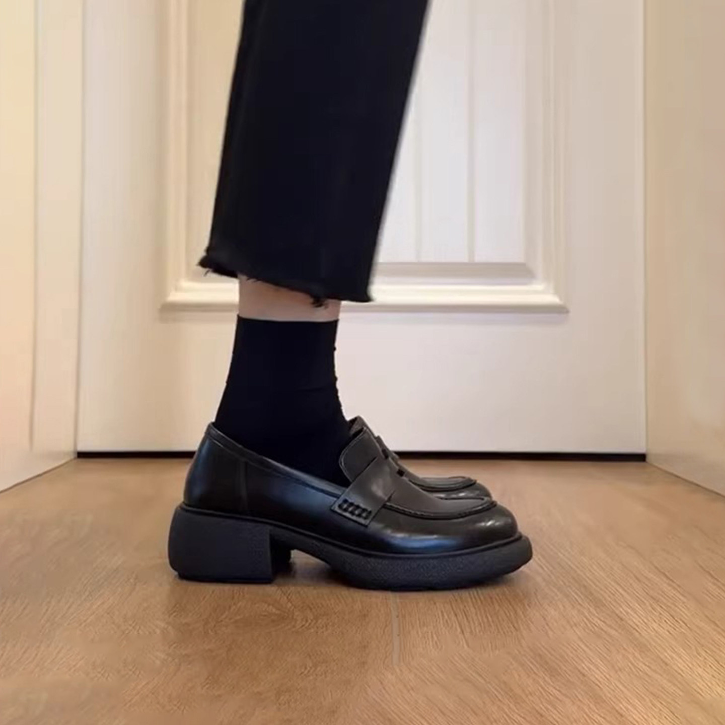 牛皮版~复古粗跟厚底黑色小皮鞋女2026新款英伦简约增高jk乐福鞋,女鞋,乐福鞋（豆豆鞋）,淘宝优惠券,粉丝福利购,淘宝优惠卷