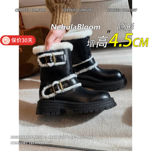 羊毛版 英伦风时髦厚底皮带扣短靴加绒保暖雪地靴子机车马丁靴女