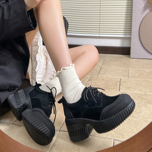 通勤单鞋 牛皮版 女系带厚底不累脚休闲松糕鞋 圆头乐福鞋 复古时尚