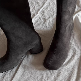 靴高筒骑士靴 后拉链显瘦时装 牛皮版 复古圆头粗跟长筒靴女秋冬季
