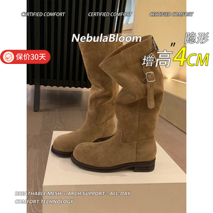 羊皮版 粗中跟厚底皮带扣长筒靴女 4CM增高美拉德西部靴显瘦秋冬季