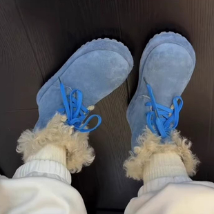 羊毛版 厚底毛毛东北棉靴保暖短靴 英伦加厚加绒系带雪地靴女冬季