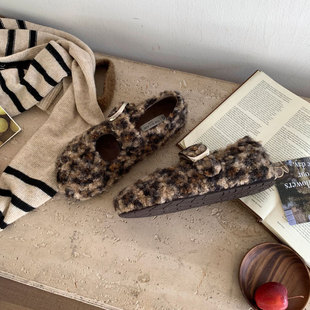 玛丽珍鞋 羊毛版 浅口一字扣单鞋 女冬休闲棉鞋 英伦加绒保暖勃肯鞋