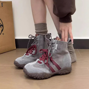 女小个子秋冬复古百搭高帮厚底休闲运动鞋 羊皮 内增高圆头德训鞋