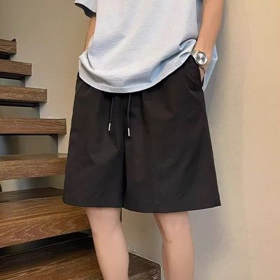 美式斜切藏青色休闲短裤男款夏季冰丝速干五分裤少年感宽松中裤子