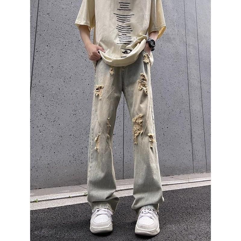 美式黑色破洞牛仔裤男夏季薄款高街vibe裤子百搭直筒显瘦微喇长裤