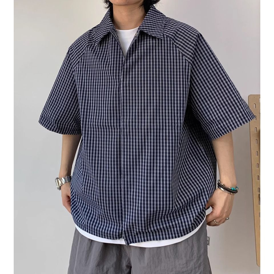 美式复古格纹短袖衬衫男女夏季宽松休闲格子衬衣日系百搭半袖上衣
