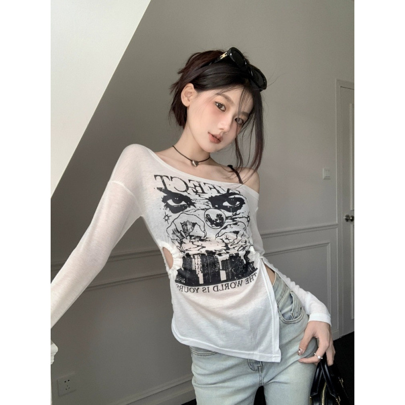 防晒衣女夏季复古甜酷辣妹一字领露肩露腰设计长袖防晒服
