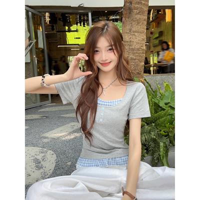 灰色假两件正肩短袖t恤女