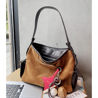 新款磨砂皮质棕色水桶包大包大容量秋冬新款女复古牛皮通勤托特包