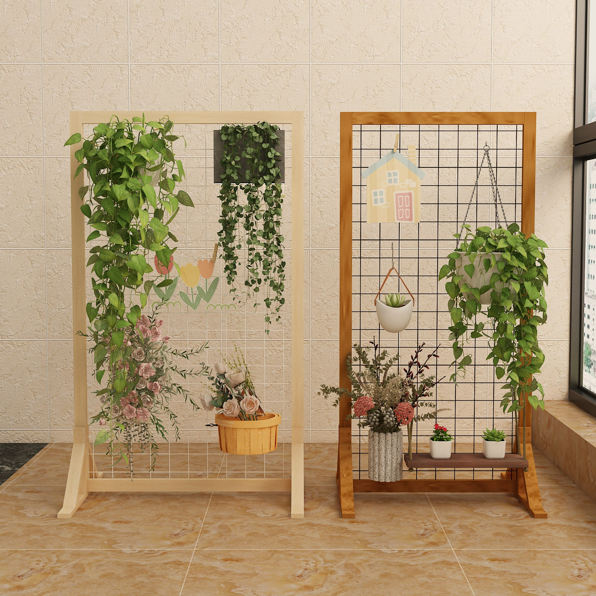 落地式阳台植物架花架铁艺实木网格展示架子收纳幼儿园装饰置物架