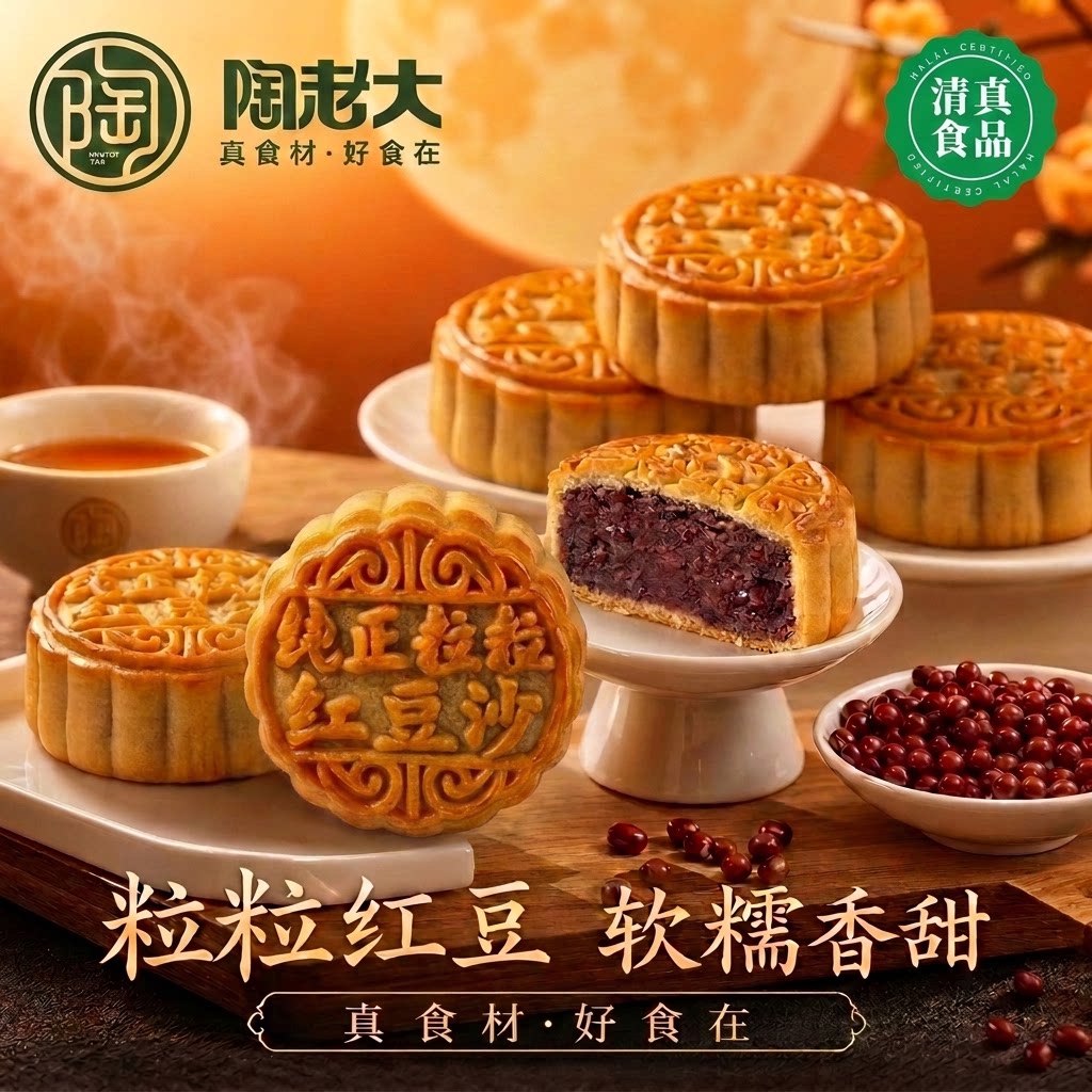 纯正粒粒红豆沙月饼陶老大月饼散装广式中秋节老式团圆饼清真食品