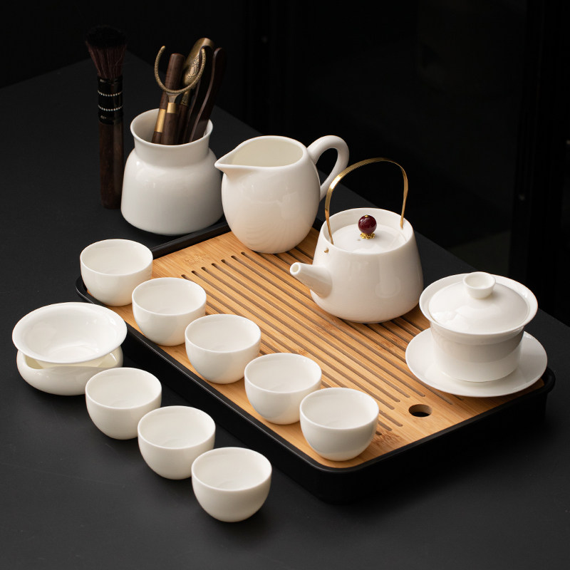 羊脂玉功夫茶具套组家用办公轻奢高档提梁泡茶壶白瓷盖碗茶杯茶盘