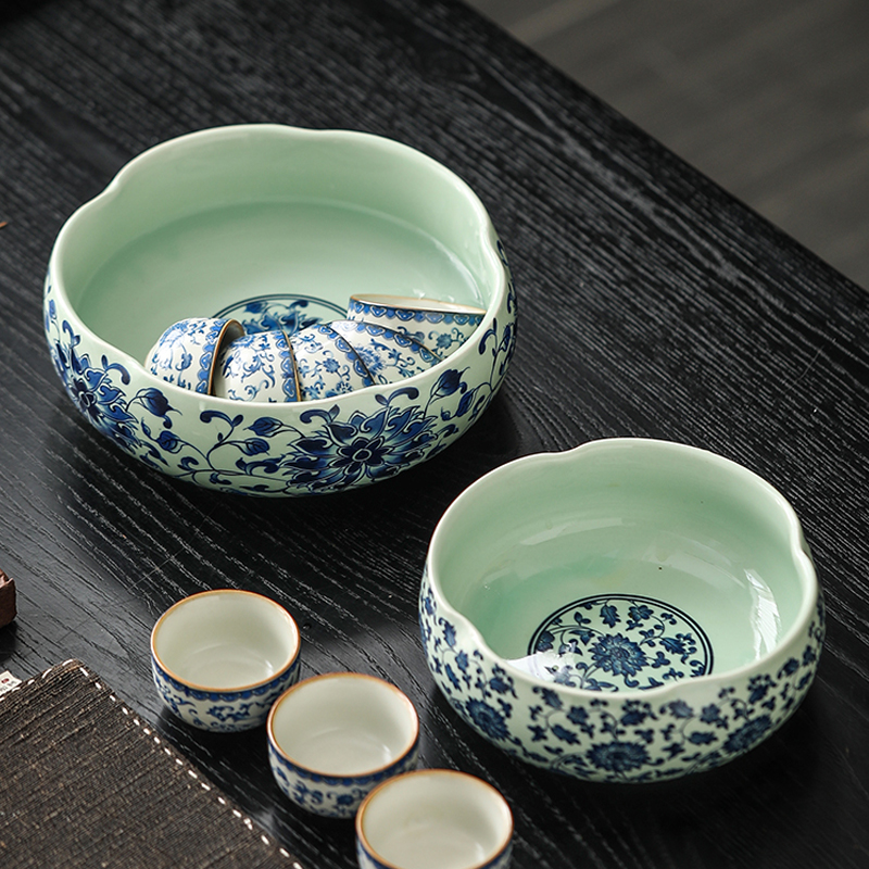 仿古青瓷青花缠枝莲陶瓷茶洗盆