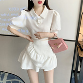 短袖 清纯夏季 POLO领两件套女夏荷叶边短裙休闲套装 小香风泡泡袖