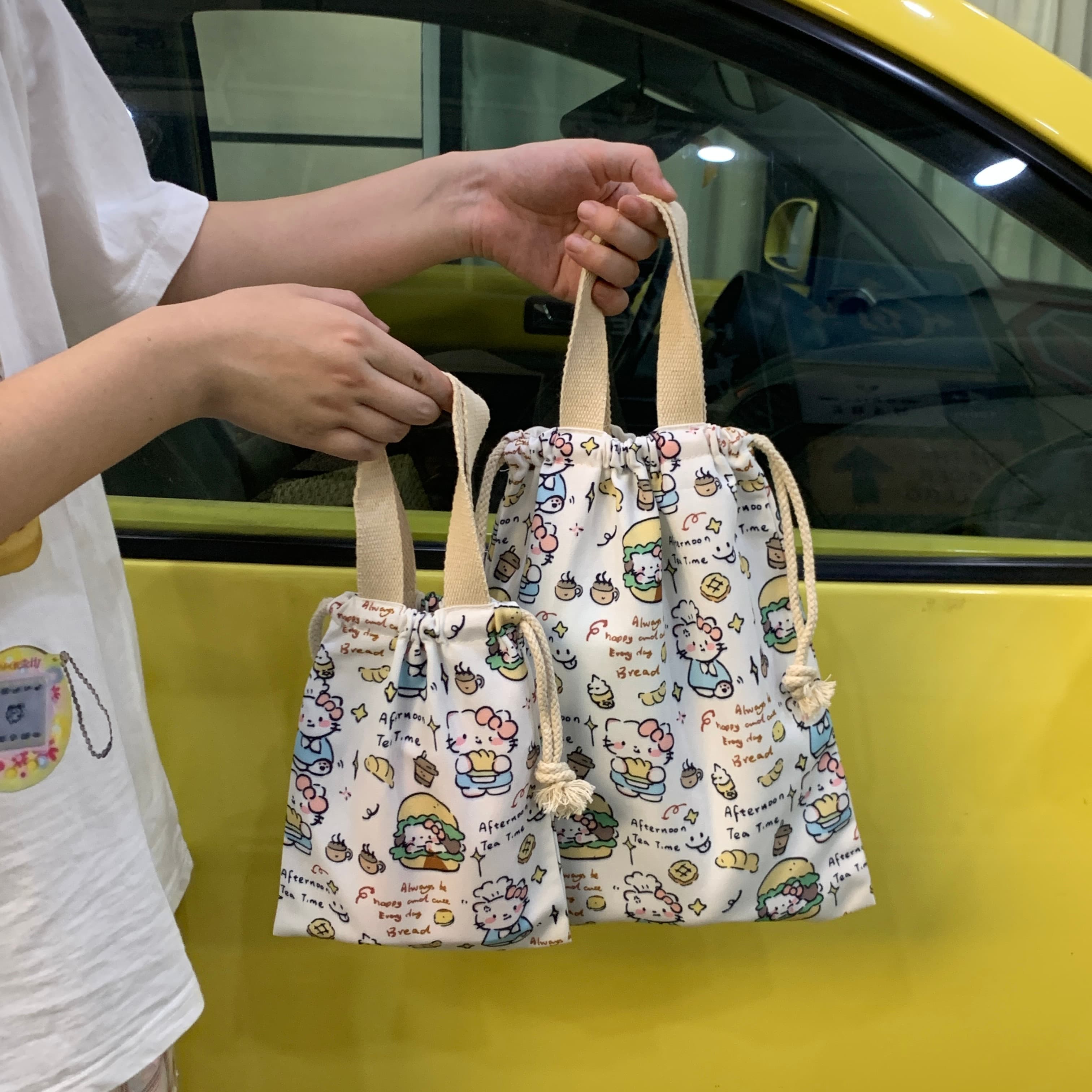 可爱kt凯蒂猫抽绳手提包卡通印花帆布束口袋学生便携通勤轻便手挽
