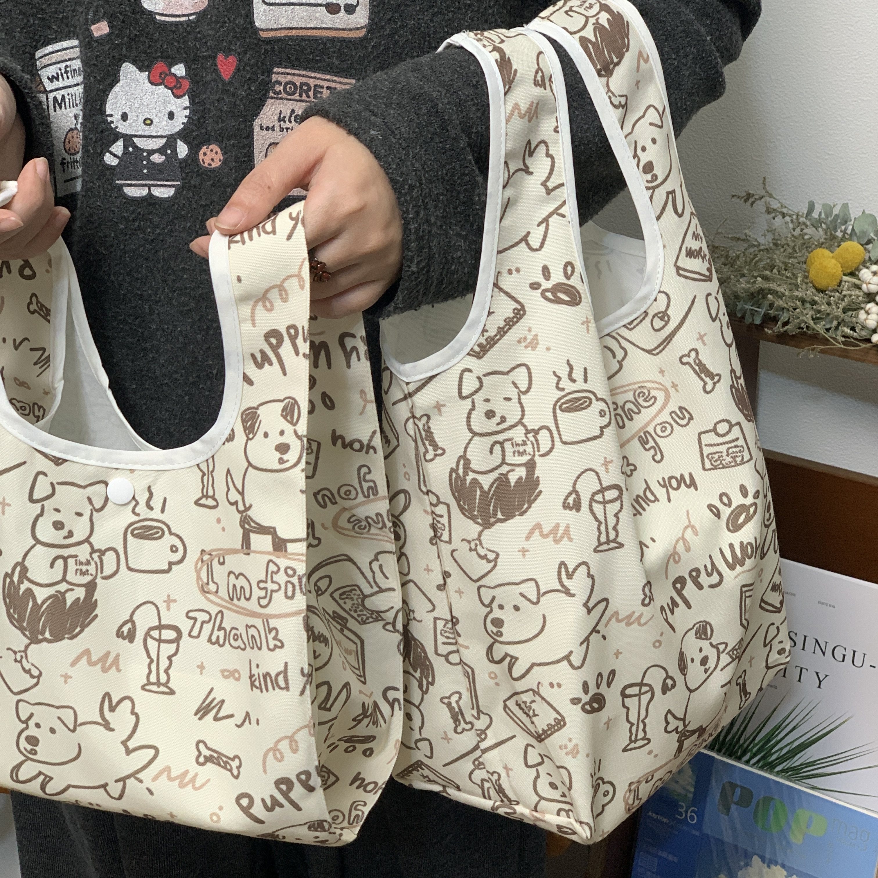 治愈手绘软萌小狗涂鸦帆布包日系大容量托特包学生上课通勤手提袋,收纳整理,购物袋/环保袋/帆布袋,淘宝优惠券,粉丝福利购,淘宝优惠卷