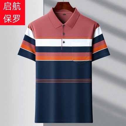 高端中年男士翻领短袖t恤夏季真口袋爸爸装宽松加大透气Polo上衣