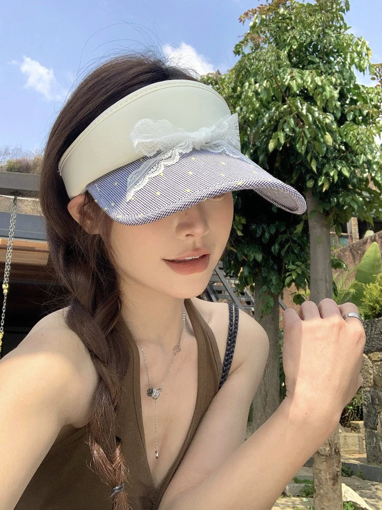 蕾丝蝴蝶结飘带空顶遮阳帽子女格纹波点夏季防晒百搭发箍显脸小潮