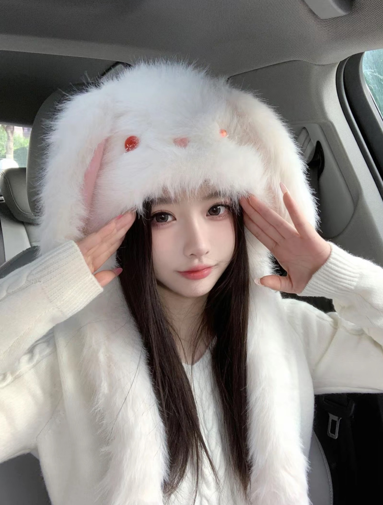 大耳兔会动耳神功耶！可爱毛绒小兔帽子女冬季保暖加厚护耳雷锋帽
