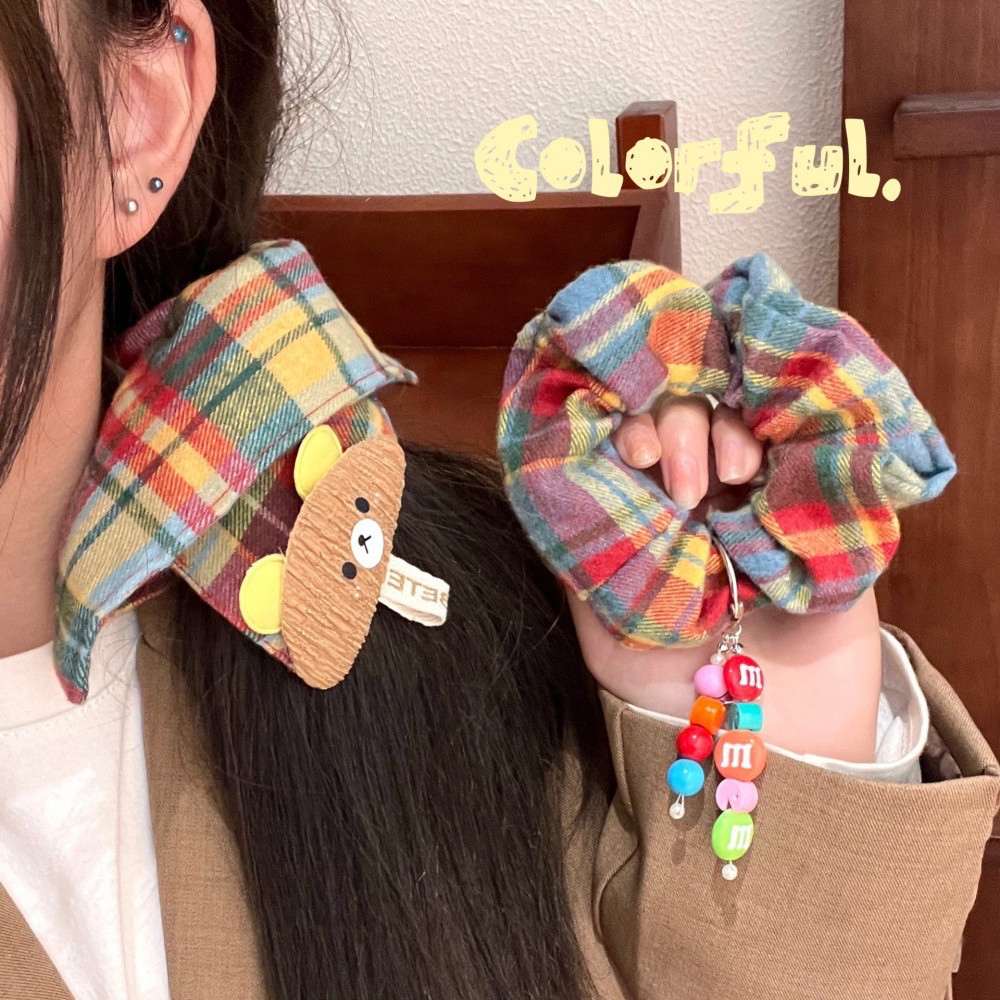 复古彩虹格纹大肠发圈秋冬季高颜值少女心扎高马尾头绳甜美方巾圈