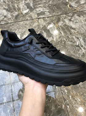 2026春季新款男鞋真皮厚底休闲鞋黑色百搭时尚透气舒适潮流男鞋子