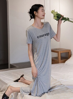 女士莫代尔睡裙家居裙可外穿短袖宽松大码字母印花加长裙薄款春夏