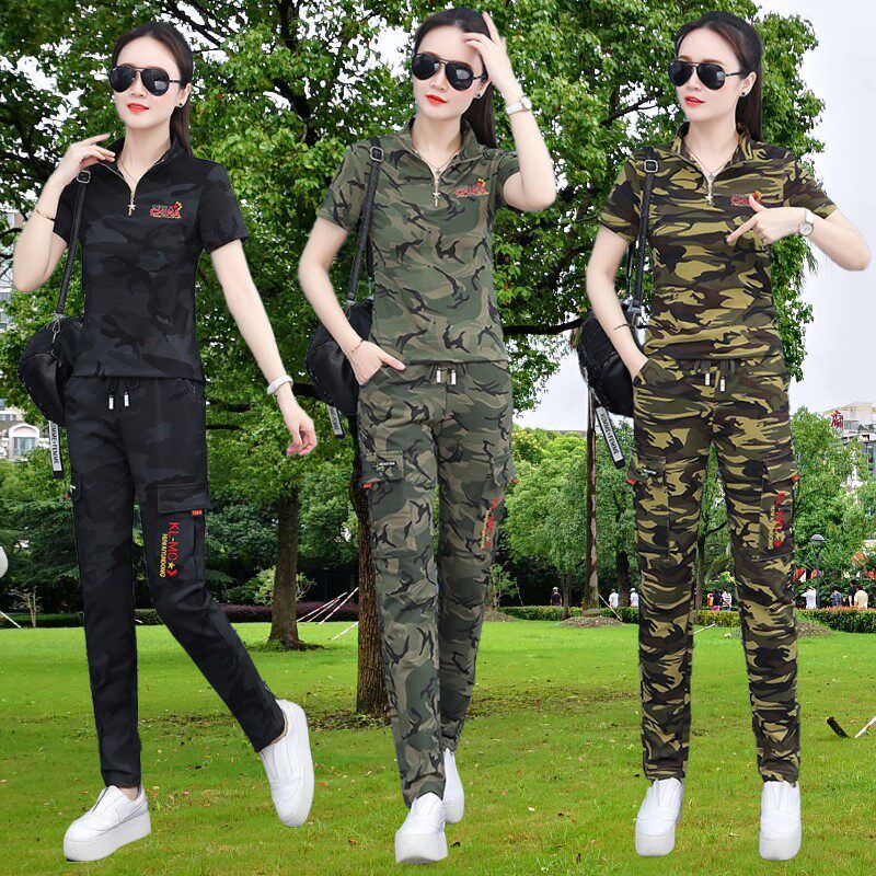 户外迷彩服翻领短袖T恤套装女夏装水兵舞团体表演一套休闲两件套s
