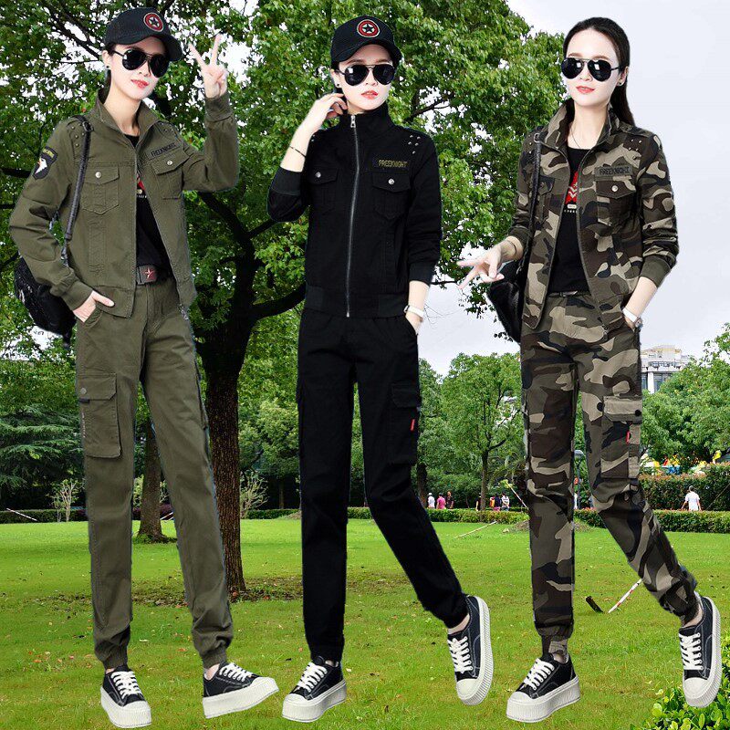 户外迷彩服短外套套装女装一套2024春秋新款立领三件套长裤两件套