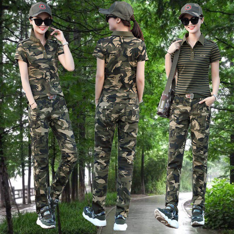 迷彩服女夏季条纹套装2023新款翻领短袖t恤长裤户外长裤两件套潮s