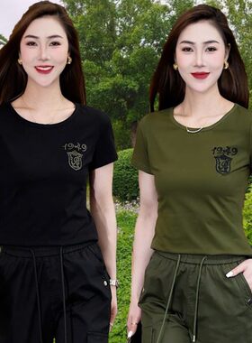 户外军绿色圆领短袖T恤女