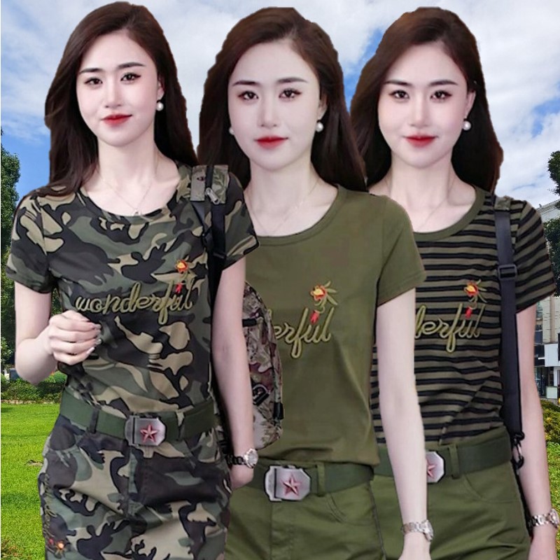 户外迷彩T恤女夏装水兵舞圆领