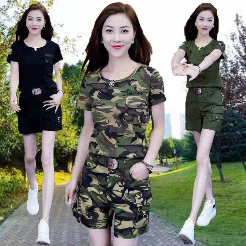 户外迷彩服短袖T恤短裤套装女一套夏装2024圆领修身工装裤两件套s