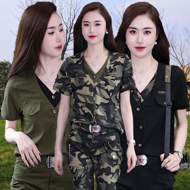 夏季假两件迷彩t恤短袖女