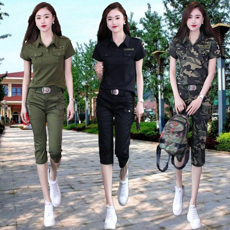 户外迷彩服翻领短袖套装女中裤一套夏装小黑裤军绿七分裤两件套潮