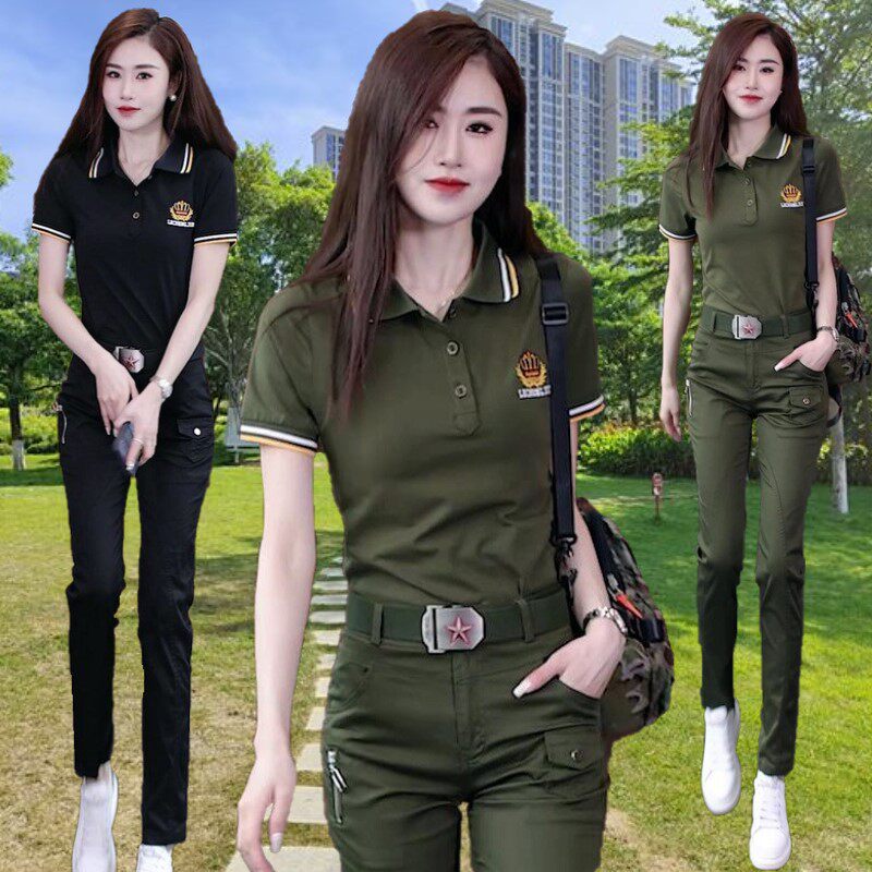 户外军绿翻领短袖T恤套装女夏装一套修身黑色长裤POLO衫两件套潮t