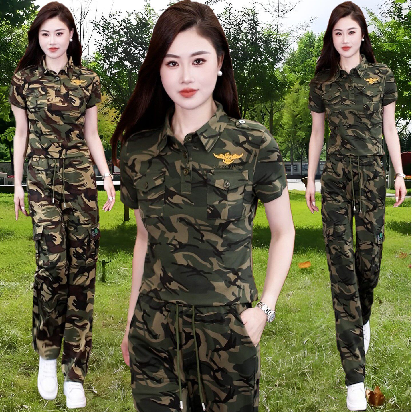 户外翻领迷彩短袖T恤套装女2026夏季水兵舞服一套长裤军迷广场舞s