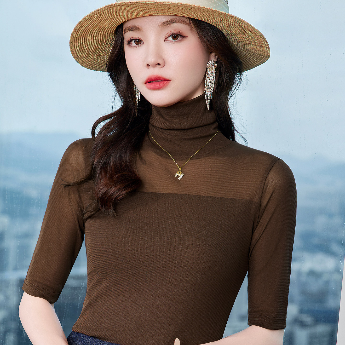 高领网纱打底衫女内搭显瘦小衫