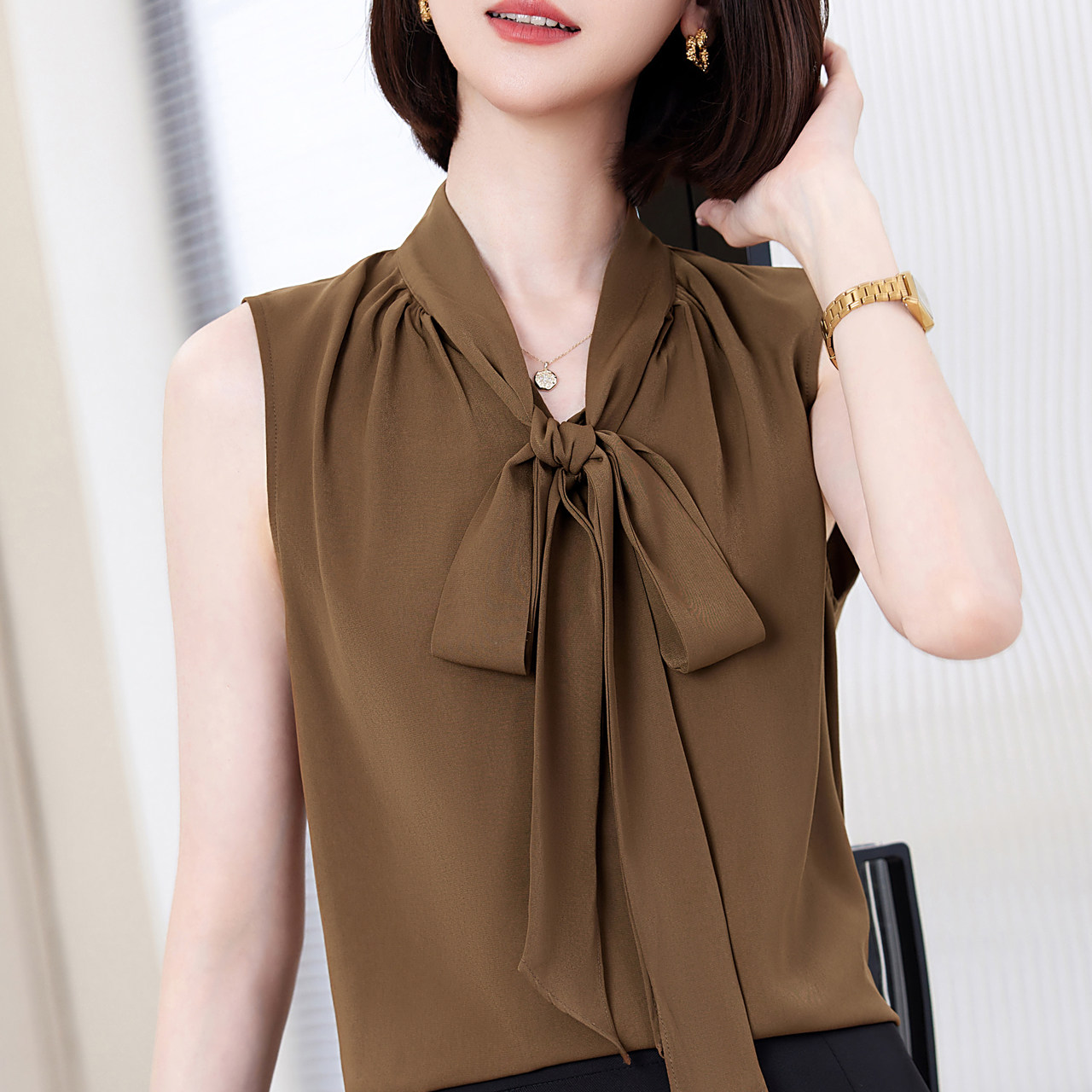 无袖衬衫女内搭v领打底衫上衣外穿宽松设计感蝴蝶结气质小衫背心